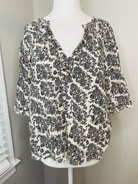 Anthropologie White and Black Floral Peasant Blouse
